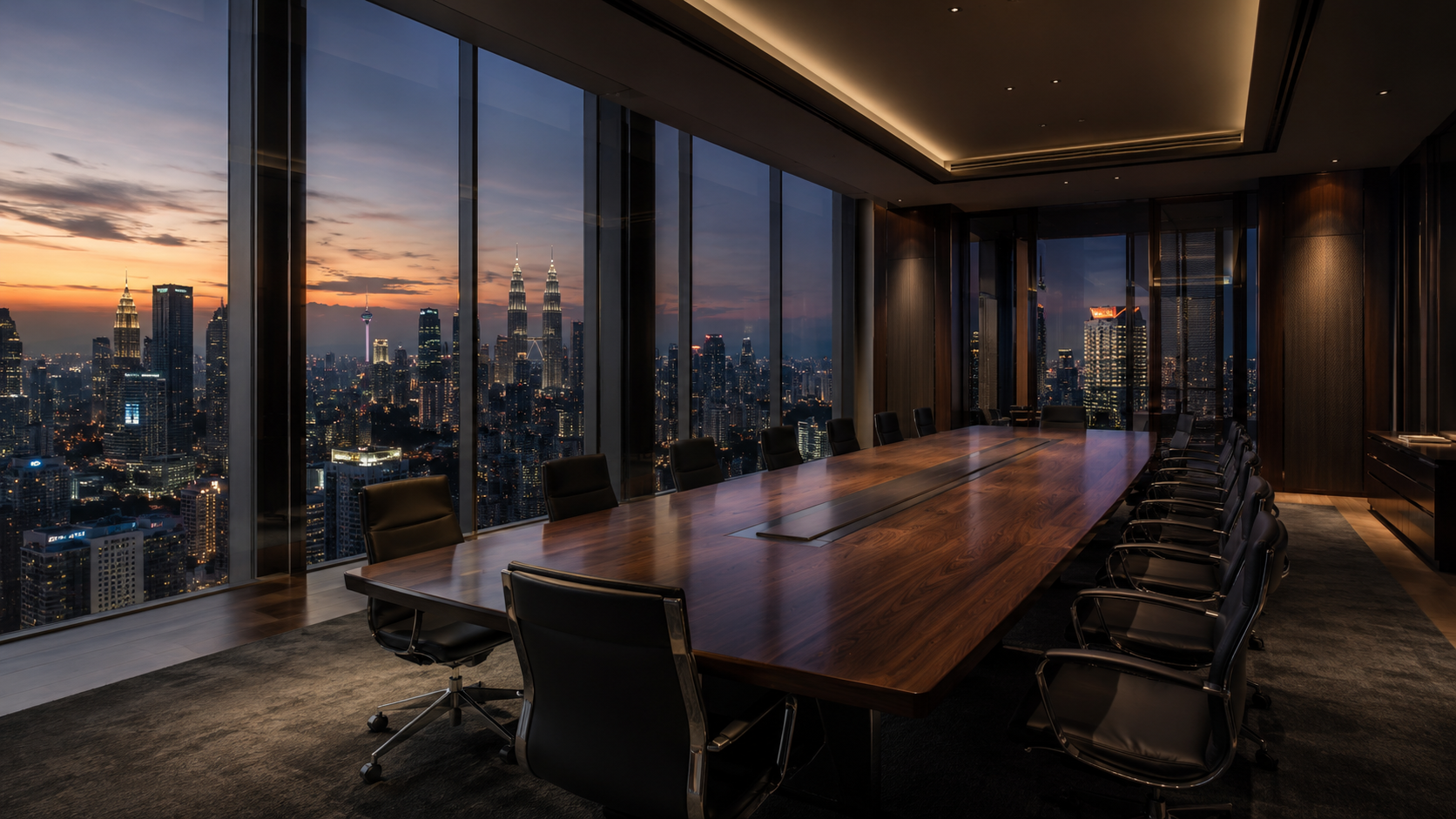 AMLI Group boardroom in a Kuala Lumpur tower at dusk